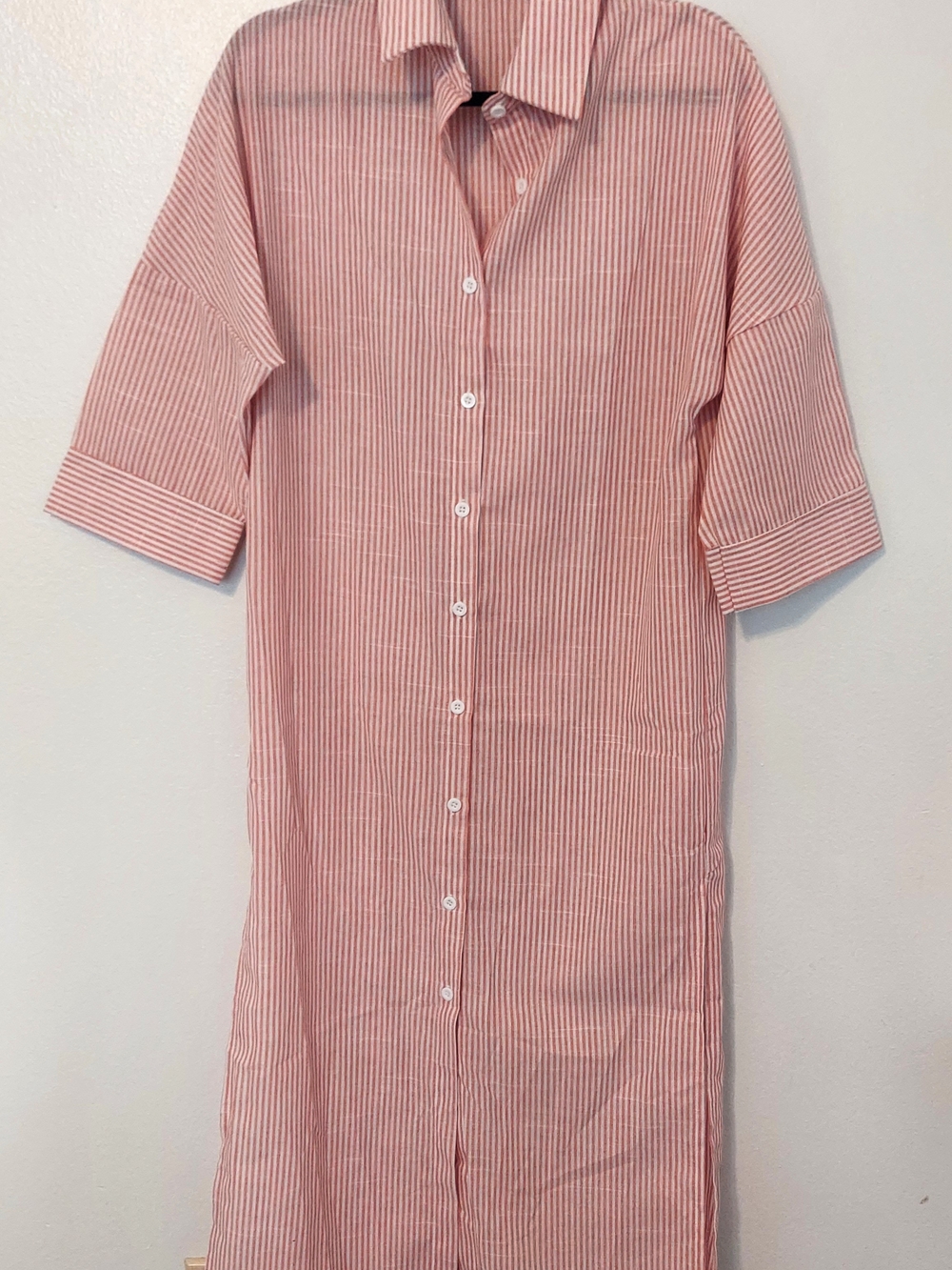 Women's Cotton Casual Lapel Shirt Dress 3/4 Sleeve Button-Down Pink Stripe XS - Picture 2 of 9